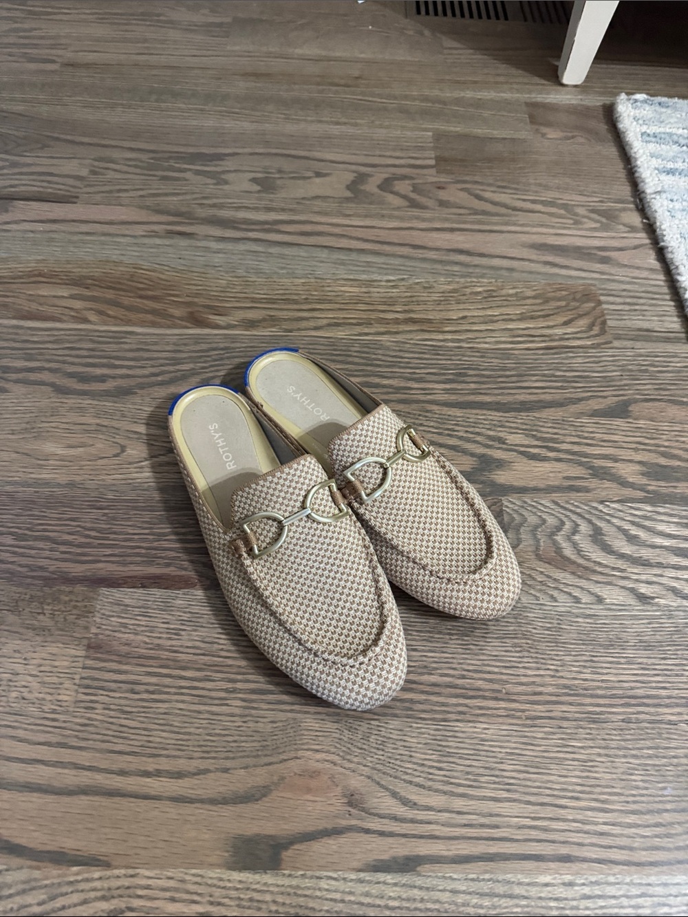 Rothy's Beige Knit Slip-On Loafers with Gold Bit Accent